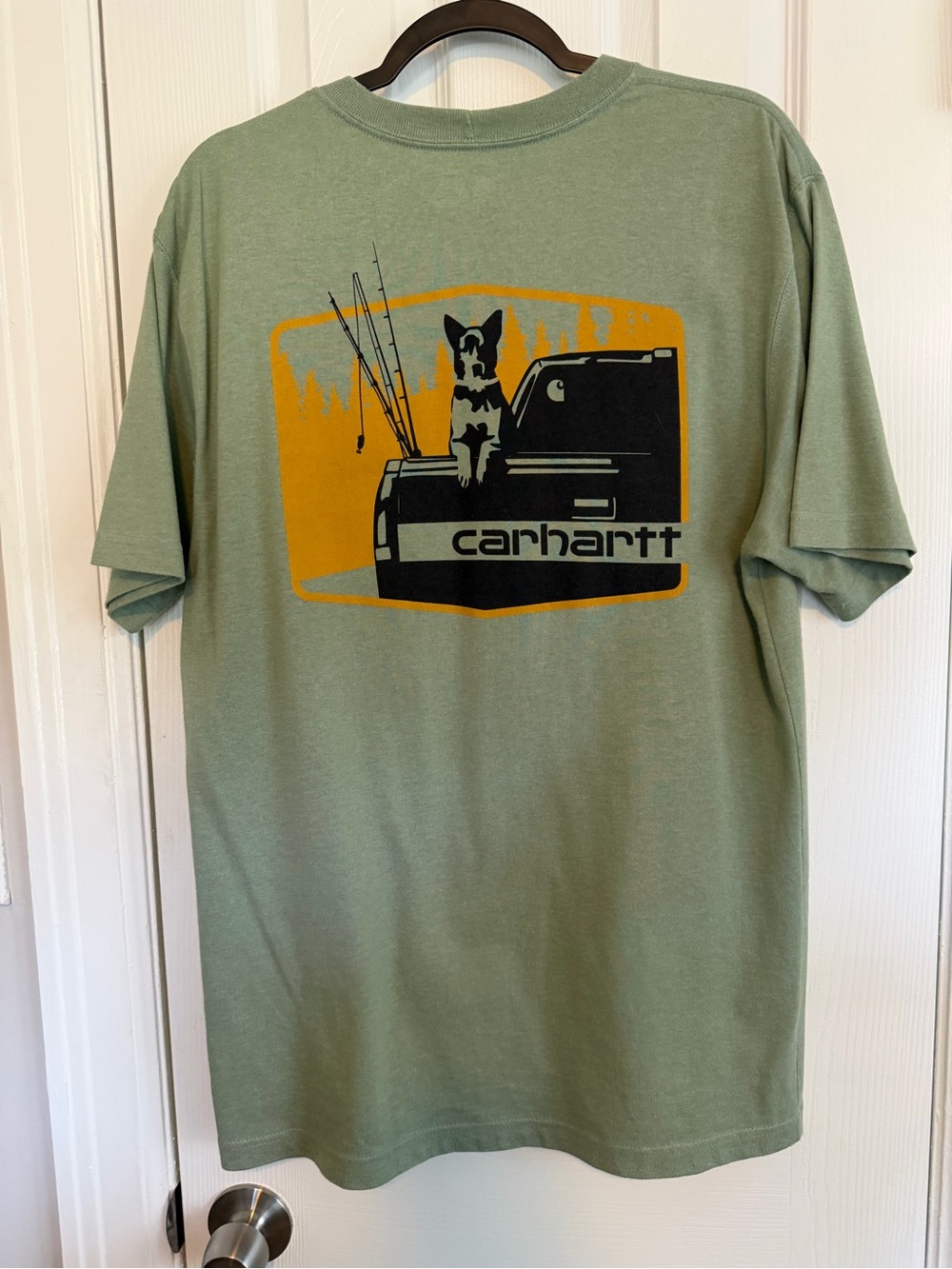 Carhartt Green Short Sleeve Tee with Orange & Black Back Graphic with dog
